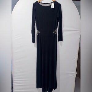 VENUS Blue and Black Embellished Long Sleeve Cocktail Gown